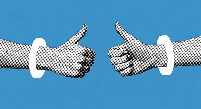 Two hands with thumbs up shown in a retro pop art style against a solid bright blue background