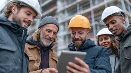 Fototapeta premium Diverse Team of Construction Workers Reviews Building Plans on Job Site With Technology and Collaboration at Forefront of Skilled Trades
