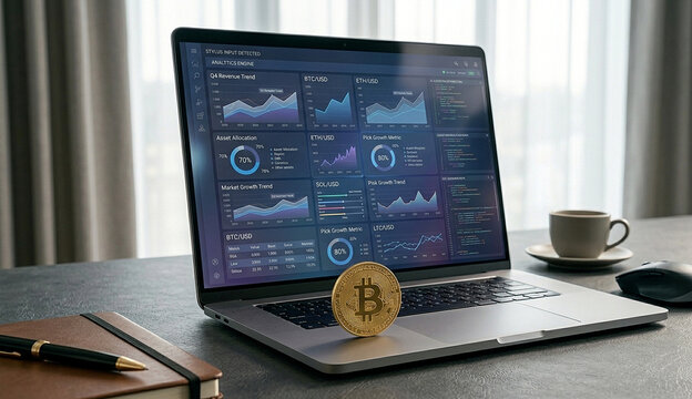 Laptop Workspace Displaying Cryptocurrency Analytics Dashboard with Physical Bitcoin Coin