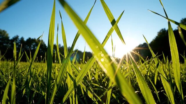 Vibrant green grass with sun flare and dew drops in morning field