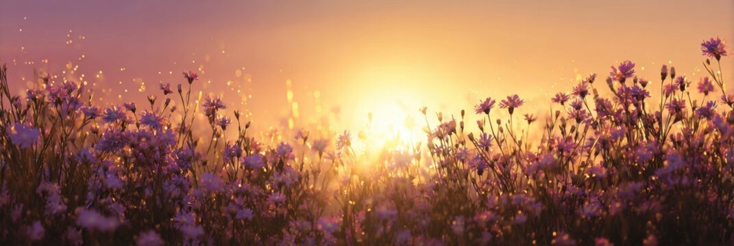 Soft Spring Sunrise Over a Field of Wildflowers With Golden Light Casting Across the Landscape Creating a New Day Experience