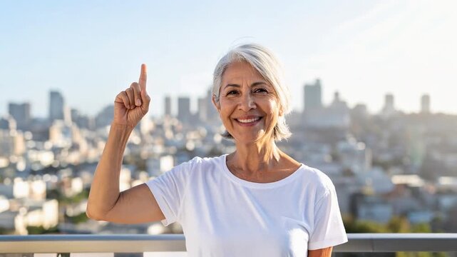 Senior woman smiling and pointing upward with city view symbolizing idea and optimism