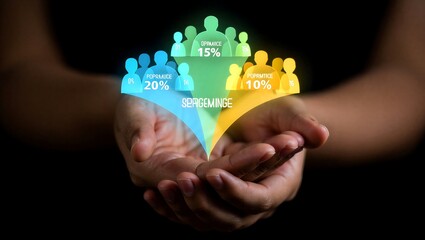 Obraz premium Data Segmentation: A digital representation of human figures, segmented and supported within open hands, signifies audience targeting and market strategy.