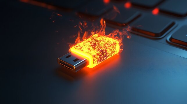 Fiery usb flash drive on a keyboard symbolizing data corruption