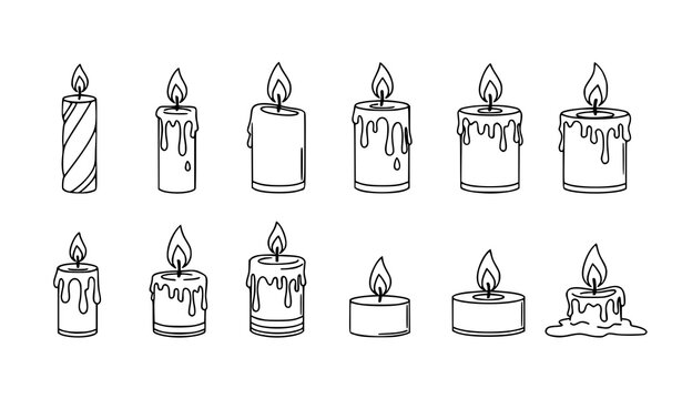 Set of Hand Drawn Candle Icons with Flames, Wax Drips, and Decorative Light Elements in Minimal Black Line Style for Holiday and Spiritual Design