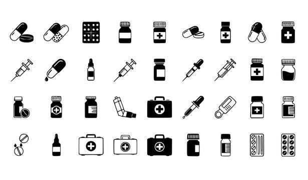 Medical and Pharmaceutical Icon Set Featuring Pills, Syringes, Medicine Bottles, First Aid Kits and Healthcare Equipment in Black Silhouette Style