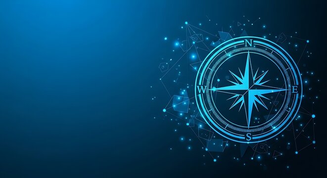 A digital compass icon featuring glowing light particles and geometric lines on a blue background