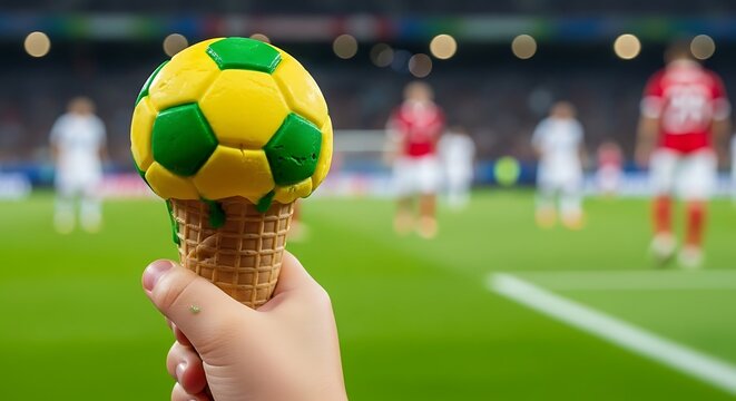 A hand holding a soccer ball ice cream cone at a stadium Brazil 2026 soccer world championship green and yellow.