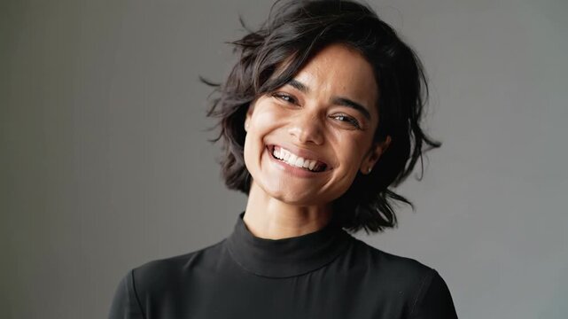 Portrait of a successful creative marketing director with short dark hair smiling against a neutral background, concept for professional career, corporate headshot and leadership branding