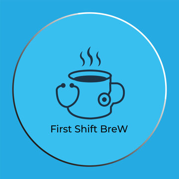 Minimalist medical coffee mug logo with stethoscope and steam for nursing or doctor cafe.