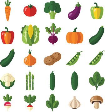 Collection of Fresh Vegetable Icons Including Carrot, Tomato, Broccoli, Eggplant, Bell Pepper, Corn, Pumpkin, Onion, Potato, Peas, Garlic, and Leafy Greens