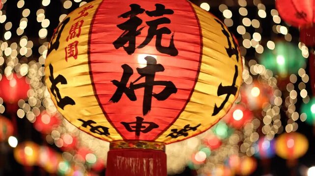 Vibrant red and yellow Chinese lantern at festive night celebration