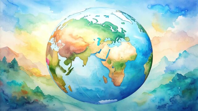 Watercolor globe with continental landmasses, surrounded by painted mountains & sky