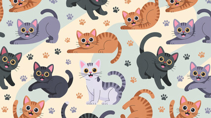 Obraz premium Colorful cartoon cats, kittens pattern, cute animals, pet background