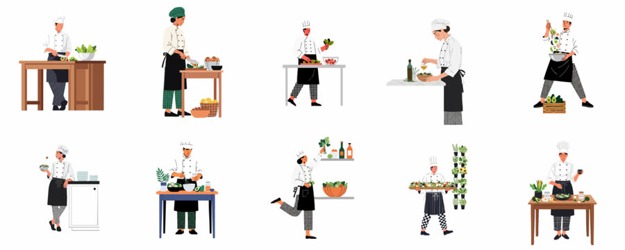 Set of professional chefs in uniform preparing healthy meals, chopping vegetables, and tossing salads in a kitchen environment, flat vector illustration.