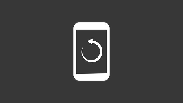 Animated graphic depicting a white smartphone with an internal spinning arrow refresh icon on its screen, illustrating a concept of screen rotation or device reset on a gray background