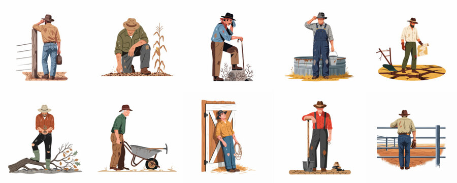 Collection of ten illustrations depicting hardworking farmers in various agricultural scenes, highlighting the challenges of rural life and drought conditions.