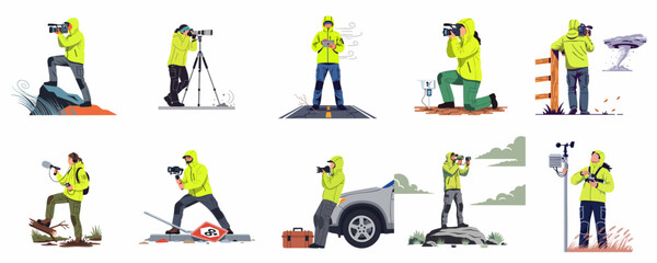 Naklejka premium Professional storm chasers and meteorologists using specialized equipment to document and monitor extreme weather events across various outdoor environments in this illustration set.