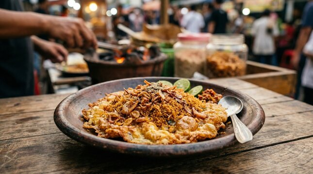 Crispy Street Sensation Close-Up Photorealistic Kerak Telor Stock Photo