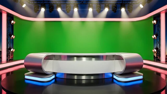 Modern TV studio set with green screen and news desk