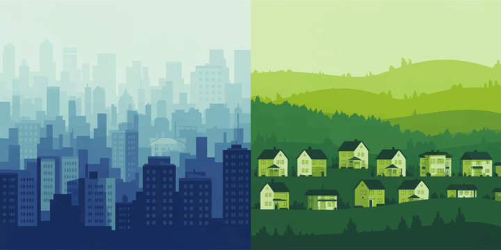 Urban city skyline versus rural countryside neighborhood comparison, blue and green landscape illustration of town planning and lifestyle contrast