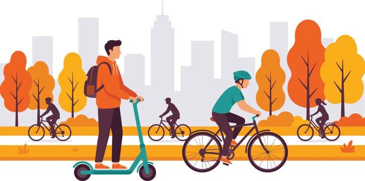 Urban people using electric scooter and bicycles for eco friendly commuting in a city park with autumn trees background