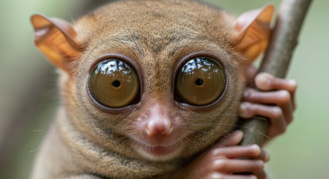 Rare tarsier with large round eyes perched on branch at night, exotic primate and nocturnal wildlife photography concept.