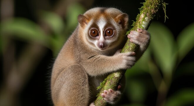 Gentle slow loris with expressive eyes clinging to branch, nocturnal animal and exotic wildlife concept.