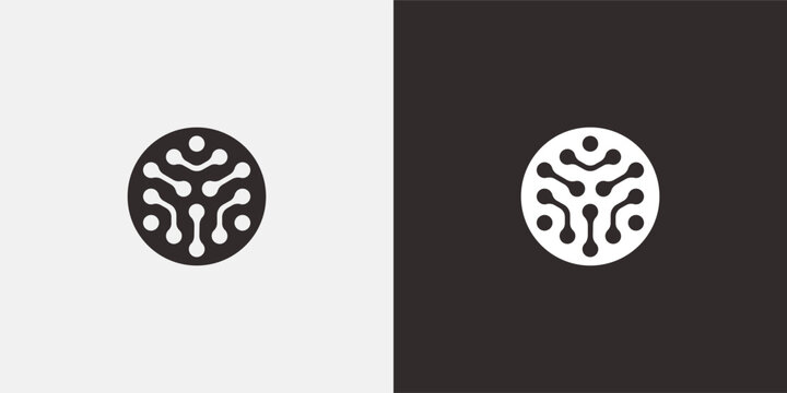 Abstract digital circuit design logo on contrasting backgrounds.