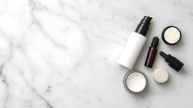 Flat lay of skincare products on a marble surface