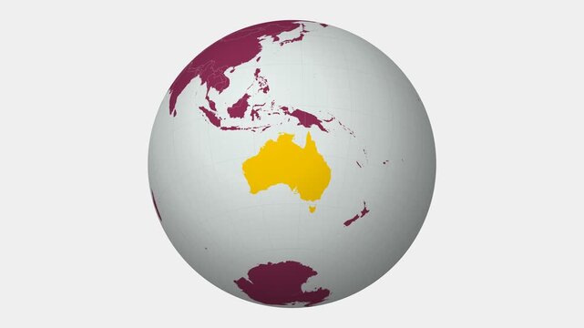 Australia map. Animated zoom into the country on the Globe in Pale Mint Dark Pink color palette. Country logo animation with round text and airplanes. Map with meridians, parallels. Captivating video.