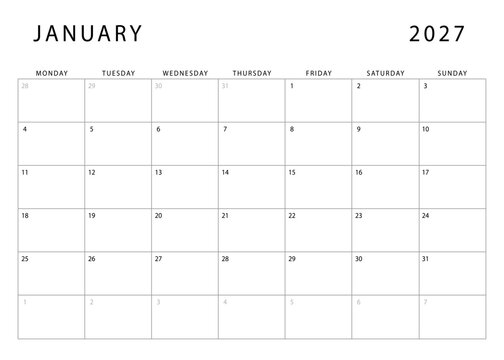 January 2027 monthly planner template. Monday start. Modern Annual Planner Design for Print and Digital Use.