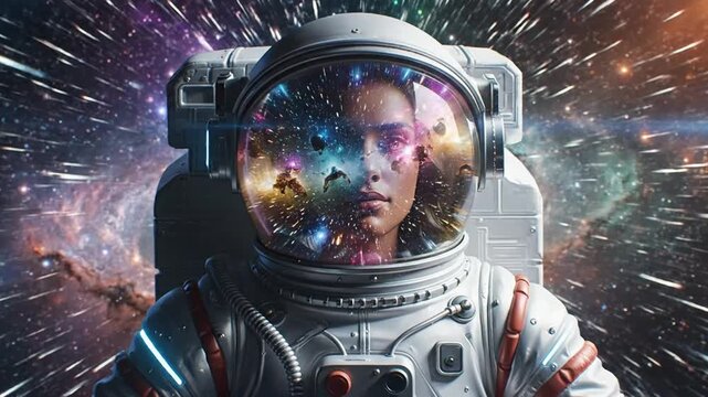 Woman astronaut in space suit against vibrant galaxy background