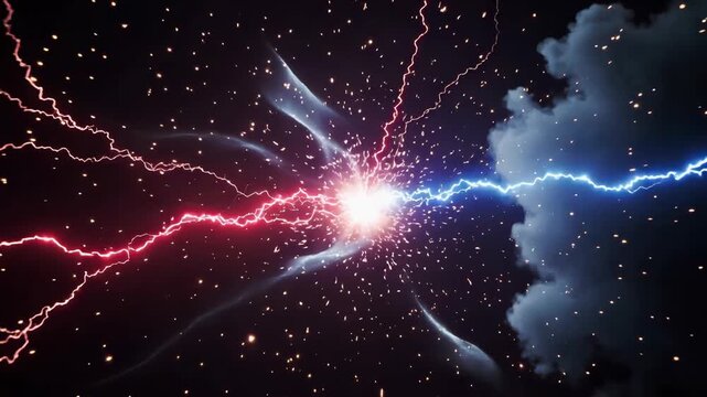Red and blue lightning discharges colliding in dark cosmic space with smoke and particles, concept for energy competition, scientific visualization and powerful cinematic background