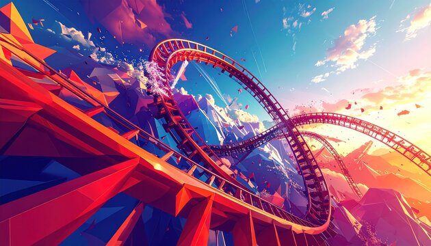Vivid, geometric roller coaster loop against a sunny sky, mountains