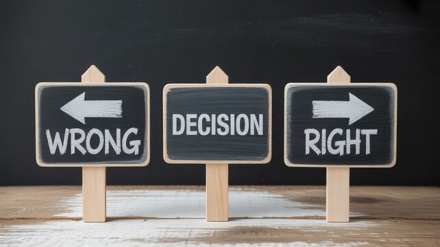 Three chalkboards presenting a clear conceptual representation of choosing between wrong or right paths and the critical decision-making process.