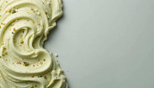 Close-up of pale green creamy frosting spread in swirling glossy patterns with crushed nut pieces scattered on flat surface