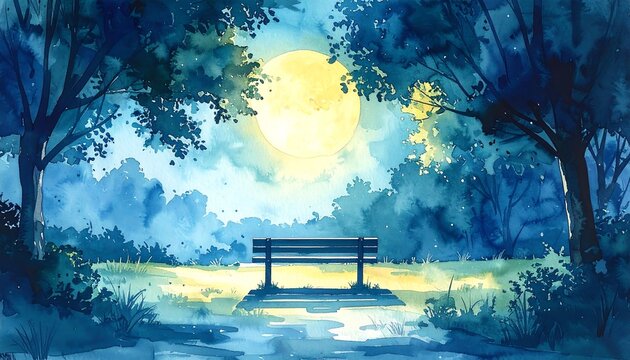Moonlit park clearing with wooden bench under glowing night sky watercolor painting illustration