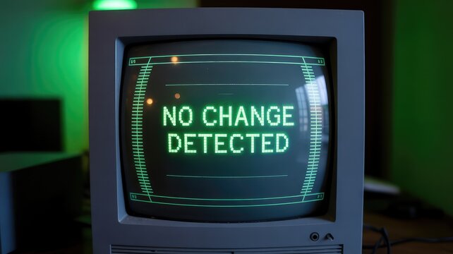 Vintage monochrome computer monitor displays a stark "no change detected" message with retro green glowing pixelated text.