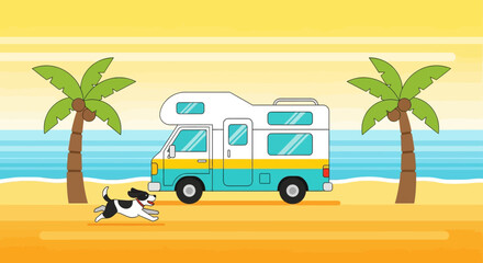 Obraz premium Beach vacation with camper van and dog