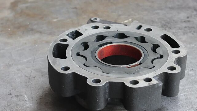 Close-up dynamic panning shot revealing a complex cast iron hydraulic pump housing, showcasing the internal gerotor gears and the precise oil lubrication channel network.