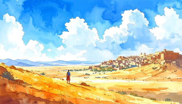Wide countryside valley with distant village under bright blue sky watercolor painting illustration