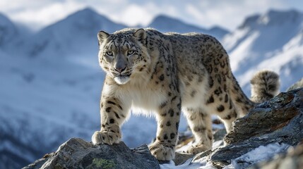 Fototapeta premium Leopard walks on rocky ridge in snowy mountain landscape during winter season Generative AI