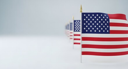 Fototapeta premium Row of small American flags in perspective with soft background, USA patriotic outdoor concept for independence day, national pride and celebration design