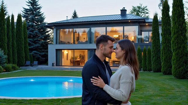 Couple embracing by pool in front of house