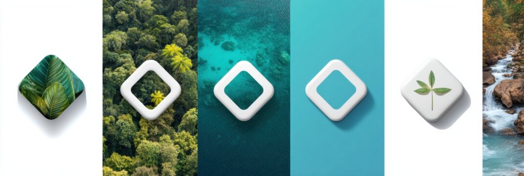 Set of Four Icons Showing White Ceramic Designs in Different Water Environments Like Tropical, Ocean, River, and Waterfall in a 2x2 Grid Layout