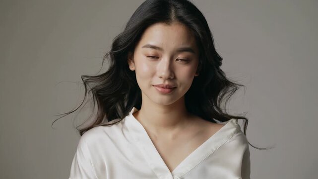 Confident Asian female marketing director wearing white silk blouse looking at camera in studio, concept for career growth, corporate leadership and professional branding
