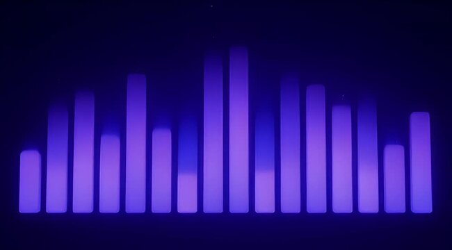 Dynamic purple sound equalizer visualization glowing intensely in a dark environment, representing digital audio wave frequencies and rhythmic energy