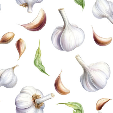 Watercolor seamless pattern of garlic, isolated on a white background. png
