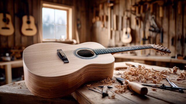 Rustic Acoustic Guitar Body Opened for Repair in Craft Workshop Setting